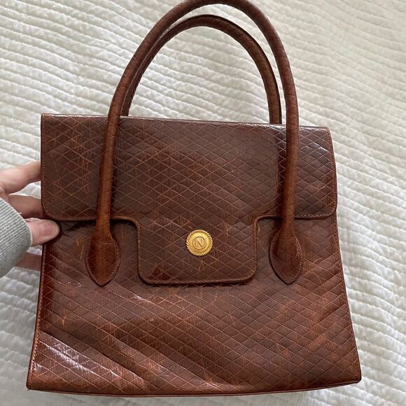 Albert Nipon Brown Geometric Patterned Real Leather Satchel Purse *VINTAGE* - OS - Picture 1 of 9